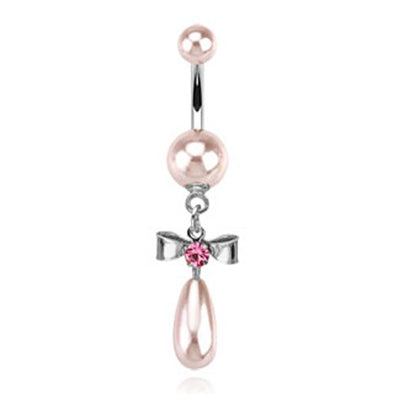 Pearl Coated WildKlass Navel Ring Gemmed Bow + Fresh Water Pearl Dangle (Sold by Piece)-WildKlass Jewelry