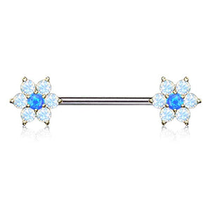 WildKlass Opalite Petals with Opal Center Flowers on Both Ends 316L Surgical Steel Barbell Nipple Rings-WildKlass Jewelry