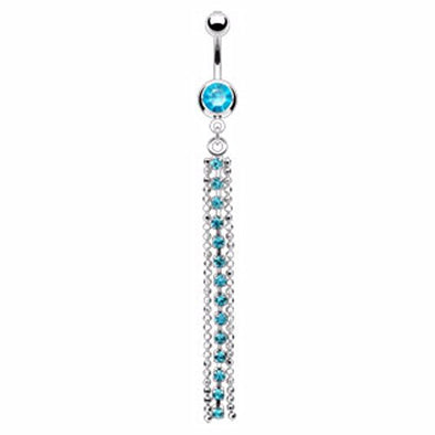 Long Chain Multi Gem Dangle w/ 316L Surgical Steel Single gem WildKlass Navel Ring (Sold by Piece)-WildKlass Jewelry