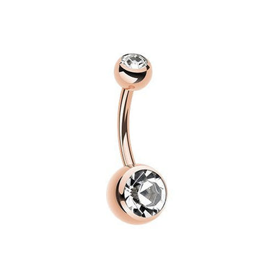 Rose Gold Double Gem Ball Steel Belly Button Ring-WildKlass Jewelry