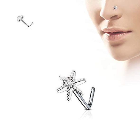 WildKlass CZ Centered Starburst 316L Surgical Steel L Bend Nose Stud Rings-WildKlass Jewelry