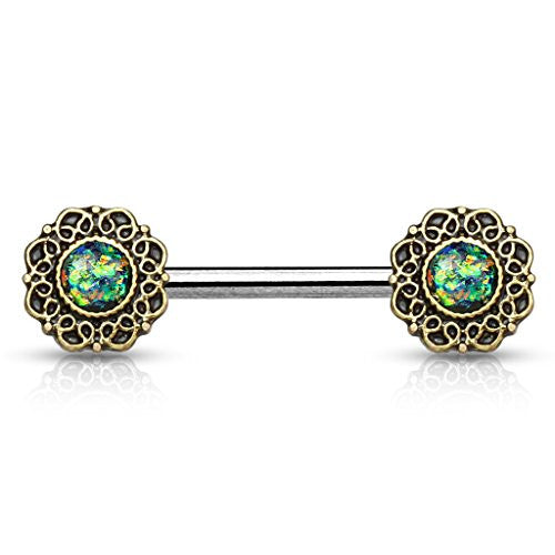 Opal Glitter Centered Tribal Heart Filigree Nipple WildKlass Barbells-WildKlass Jewelry