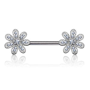 WildKlass CZ Gem Paved Flower 316L Surgical Steel Nipple Barbell Rings-WildKlass Jewelry