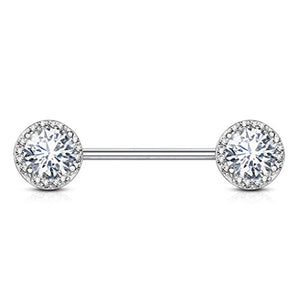 WildKlass Round CZ Center with CZ Paved Around Ends 316L Surgical Steel Nipple Barbell Rings-WildKlass Jewelry