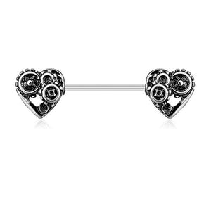 Heart Steampunk 316L Surgical Steel WildKlass Nipple Barbells-WildKlass Jewelry