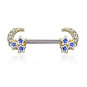 WildKlass CZ Paved Crescent Moon with 3 Blue Stars 316L Surgical Steel Nipple Barbell Rings-WildKlass Jewelry