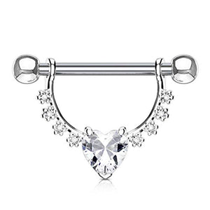 WildKlass Heart CZ Center with Lined Prong Set CZs Dangle 316L Surgical Steel Nipple Rings-WildKlass Jewelry