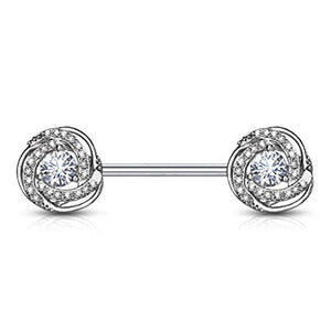 WildKlass CZ Paved with Round CZ Center Rose Blossom Ends 316L Surgical Steel Barbell Nipple Rings-WildKlass Jewelry