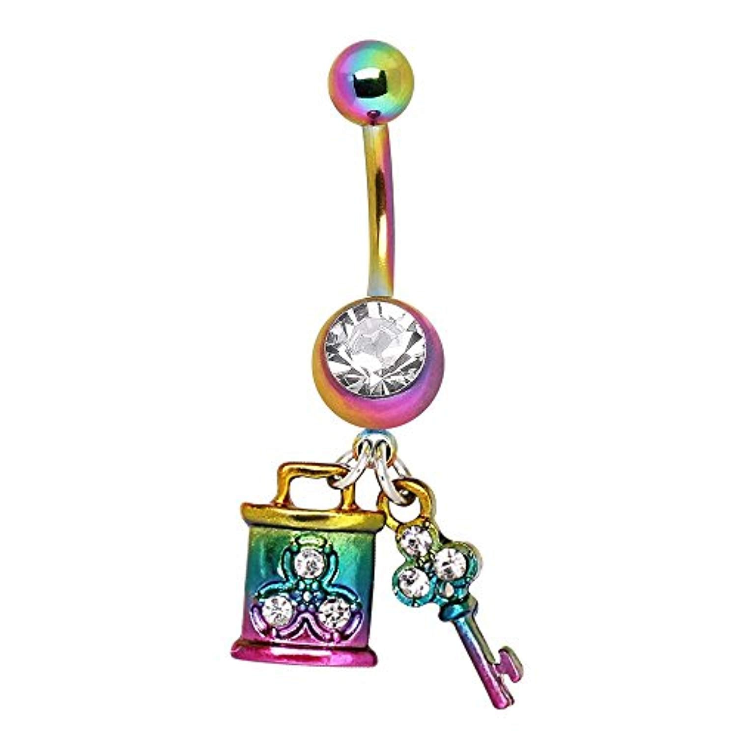 Rainbow PVD Plated Key & Lock Dangle WildKlass Navel Ring -