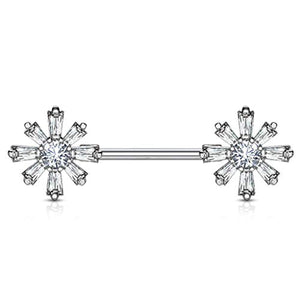 WildKlass Princess Cut CZ with Round CZ Center Flower Ends 316L Surgical Steel Nipple Barbell Rings-WildKlass Jewelry