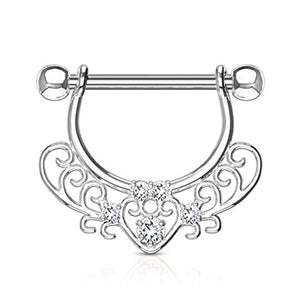 WildKlass CZ Set Center Heart Filigree Dangle 316L Surgical Steel Nipple Rings-WildKlass Jewelry