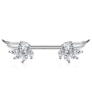 WildKlass Round and Marquise CZ Prong Set Angel Wings Ends 316L Surgical Steel Nipple Barbell Rings-WildKlass Jewelry