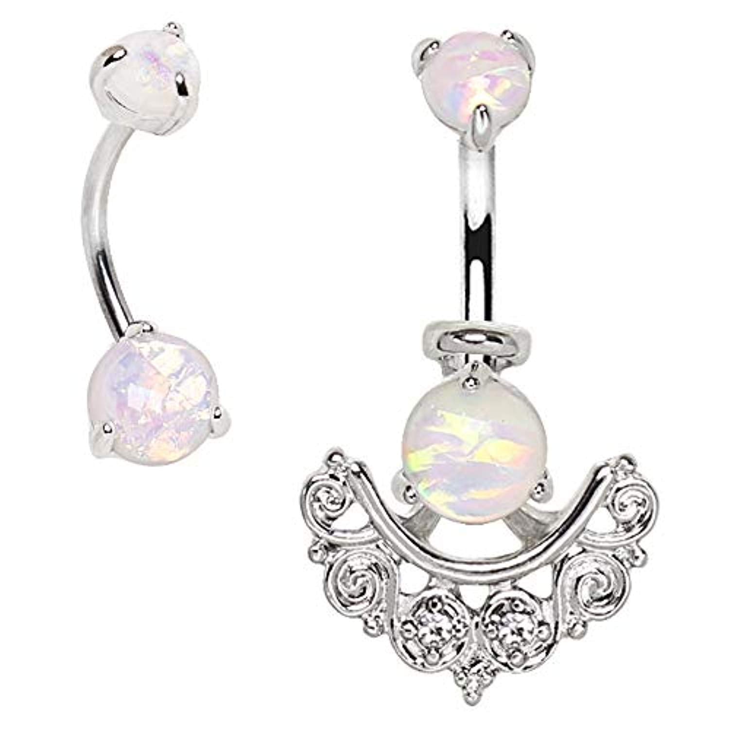 316L Stainless Steel 2-in-1 Prong Set Synthetic Opal Ornate WildKlass Navel  Ring -