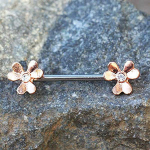 Rose Gold Plated Jeweled Clover Leaf WildKlass Nipple Bar-WildKlass Jewelry