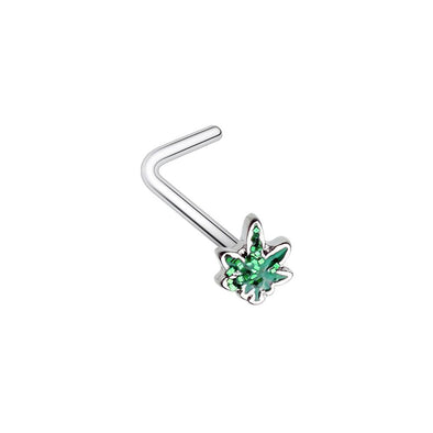 WILDKLASS Royal Highness Glitter Cannabis Pot Leaf L-Shape Nose Ring-WildKlass Jewelry