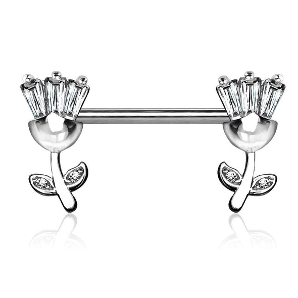 WildKlass Princess CZ Set Tulip Ends 316L Surgical Steel Nipple Barbell Rings-WildKlass Jewelry