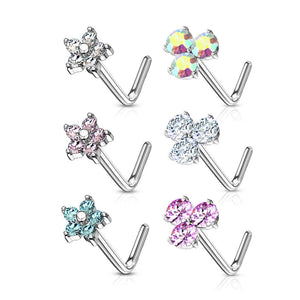 WILDKLASS 6 Pcs of CZ Flower and 3 Prong Set CZ Top 316L Surgical Steel L Bend Nose Stud Rings Gem Box Package-WildKlass Jewelry