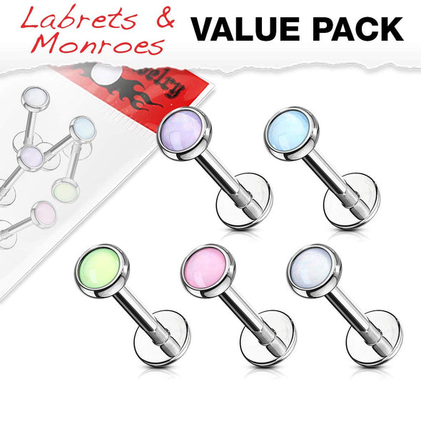 WILDKLASS 5 Pcs Value Pack Internally Threaded Illuminating Stone Set 316L Surgical Steel Labret, Flat Back Studs-WildKlass Jewelry