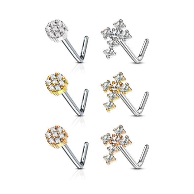 WILDKLASS 6 pcs Pre Loaded Gem Box Value Pack CZ Paved Small Flower and Cross 316L Surgical Steel L Bend Nose Stud Rings-WildKlass Jewelry