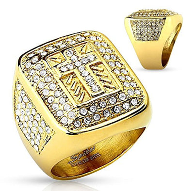 Cross Paved Gem Gold IP Stainless Steel Ring-WildKlass Jewelry