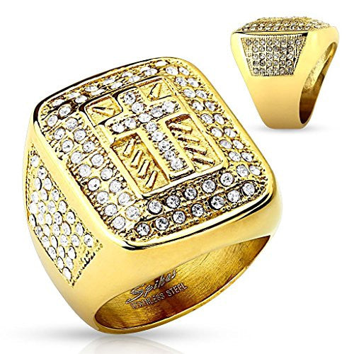 Cross Paved Gem Gold IP Stainless Steel Ring-WildKlass Jewelry