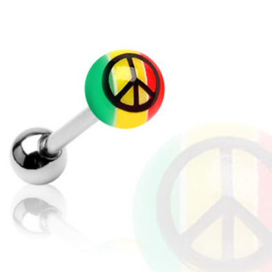 Rasta Acrylic Colored WildKlass Ball w/ Peace Sign Print 316L Surgical Steel WildKlass Barbell (Sold by Piece)-WildKlass Jewelry