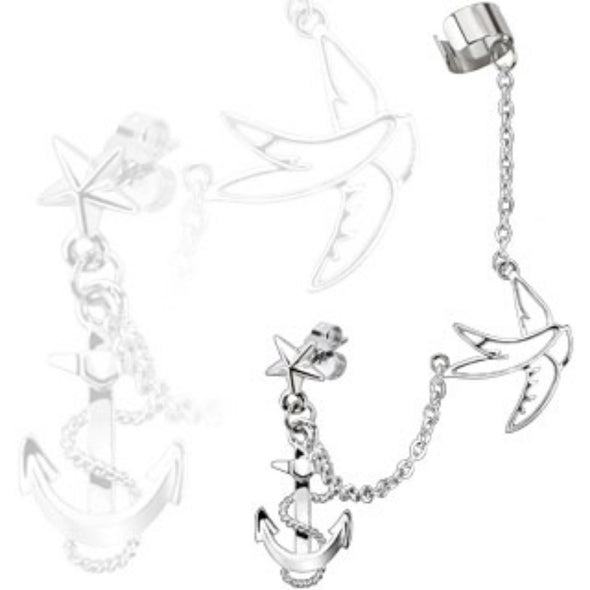 Star Stud Chain Ear WildKlass Ring with Swallow and Anchor Dangles with End Clip 316L Surgical Stainless Steel (Sold by Piece)-WildKlass Jewelry