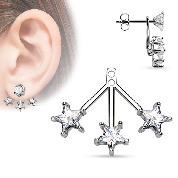 3 Star CZ Fan Add On Ear WildKlass Ring/Cartilage WildKlass Barbell Jacket (Sold by Piece)-WildKlass Jewelry