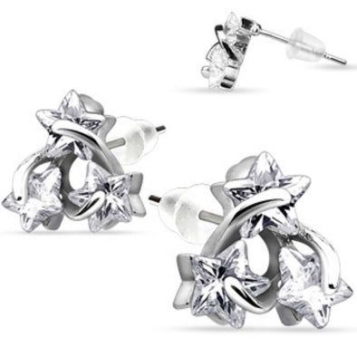 Pair of Stainless Steel Three Wired CZ Star Stud Ear WildKlass Rings (Sold as a Pair)-WildKlass Jewelry