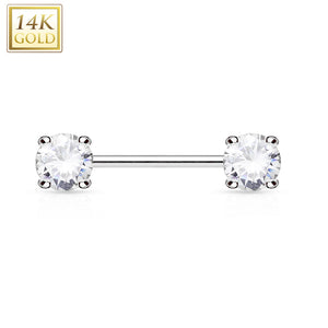 Double Prong Set AAA CZ 14K Gold Nipple Bar-WildKlass Jewelry