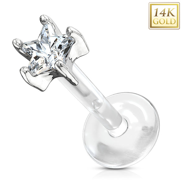 Star CZ Prong Set 14 Karat Solid White Gold Top with PTFE Flex Shaft WildKlass Labret/Monroe-WildKlass Jewelry