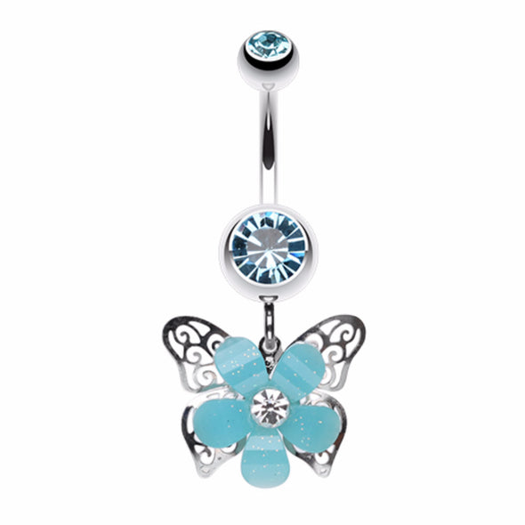 Glittered Flower Butterfly Belly Button Ring-WildKlass Jewelry