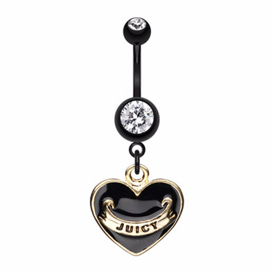 Gold Black Juicy Banner Heart Belly Button Ring-WildKlass Jewelry