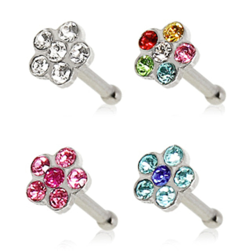 316L Surgical Steel Bone Nose Ring with Multi Gem Flower Top