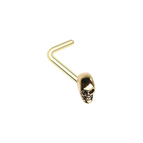 Golden 3D Skull Head WildKlass L-Shape Nose Ring-WildKlass Jewelry