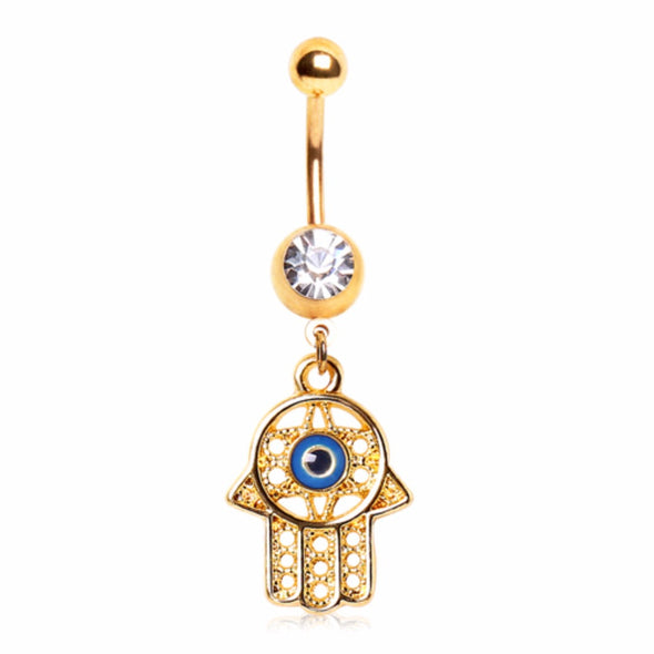 Gold Plated Gemmed Navel Ring with Intricate Hamsa and All Seeing Eye Dangle-WildKlass Jewelry