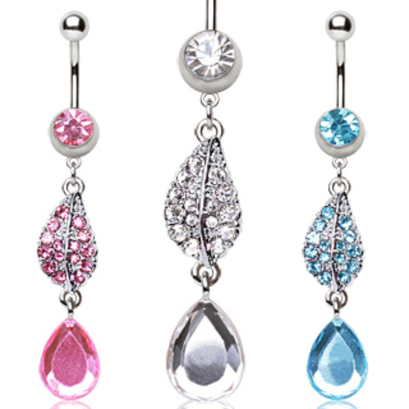 316L Surgical Steel Navel Ring with Two Tear Water Drop Shaped Dangle-WildKlass Jewelry