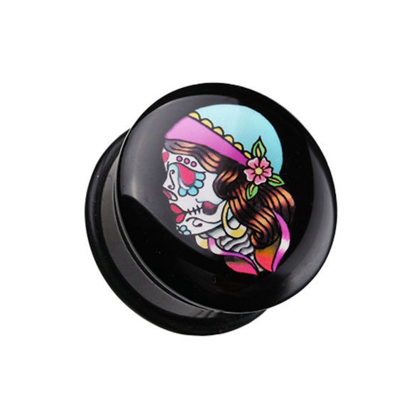 Day of the Dead Lady Skull Single Flared Ear Gauge Plug-WildKlass Jewelry