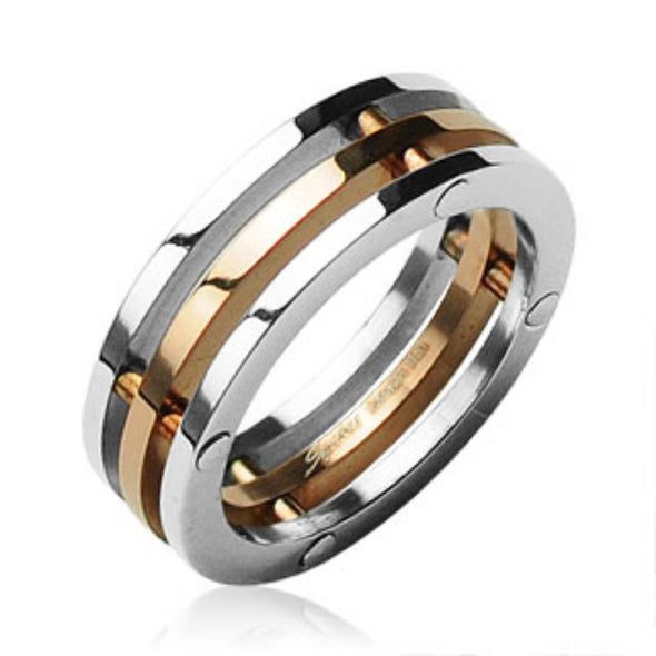 3-Connected Pieces Rose Gold IP Center 316L Surgical Stainless Steel Ring-WildKlass Jewelry