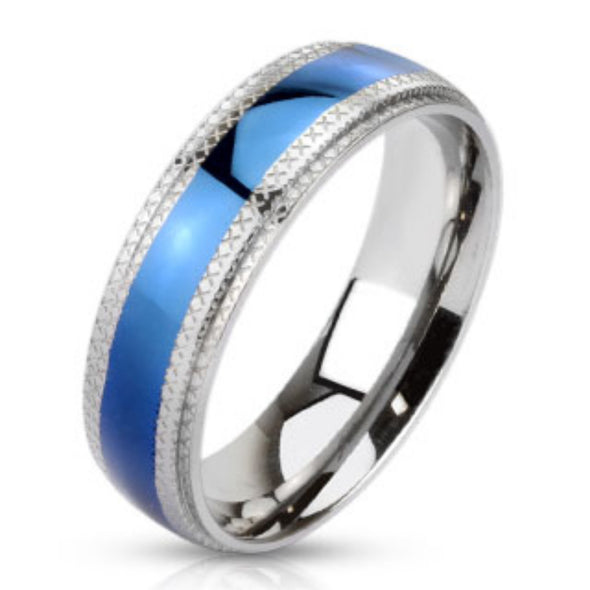 Grooved Cut Step Edge Stainless Steel Blue IP Band Ring-WildKlass Jewelry