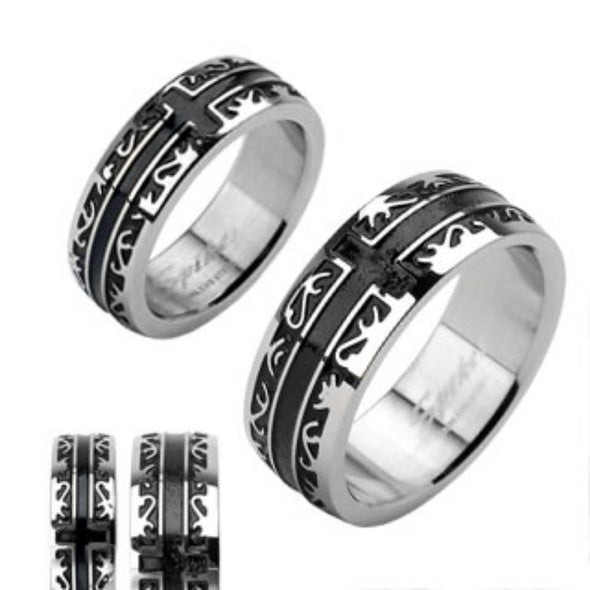 Black IP Cross with Tribal Filigree Edges 316L Stainless Steel rings-WildKlass Jewelry