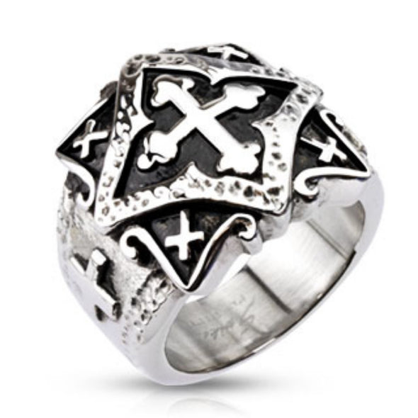 Ornamental Multi Cross Plate Wide Cast Ring 316L Stainless Steel-WildKlass Jewelry