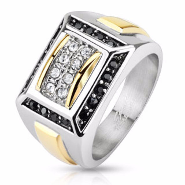 Micro Paved Clear CZs with Black CZ Border Square Cast Two Toned Ring Stainless Steel-WildKlass Jewelry