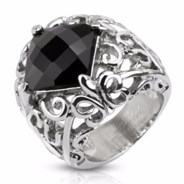 Decorative Fleur De Lis with Diamond Shaped Faceted Black Stone Cast Stainless Steel Ring-WildKlass Jewelry