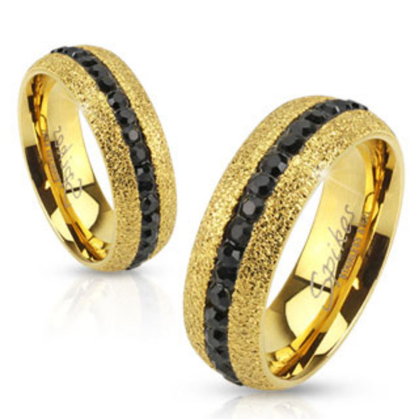 Glittery Gold IP Over Stainless Steel Ring with Black CZ Center-WildKlass Jewelry