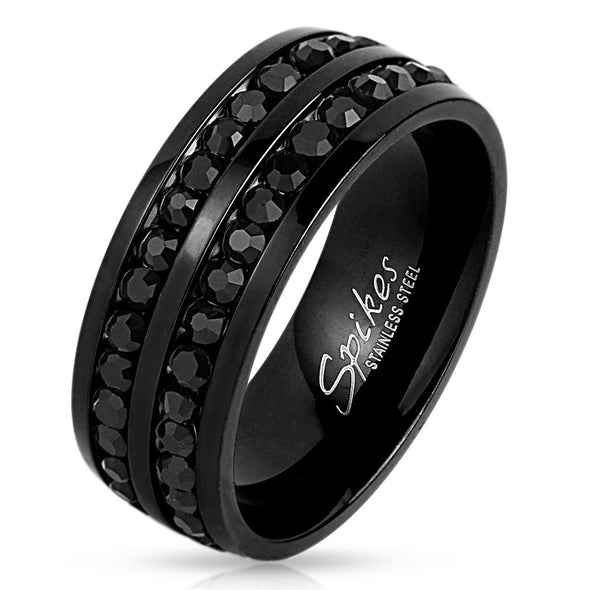 Black IP with Double Lined Black CZ Stainless Steel Ring-WildKlass Jewelry