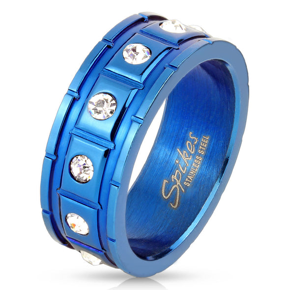 Square Grooved with 12 CZ Blue IP Over Stainless Steel Couple Ring-WildKlass Jewelry