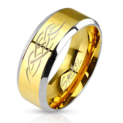 Tribal Inlay Gold IP Center Two Tone Stainless Steel Band Ring-WildKlass Jewelry