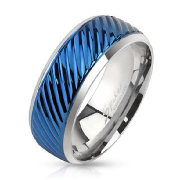 Diagonal Groove Blue IP Lined Center Stainless Steel Band Ring-WildKlass Jewelry