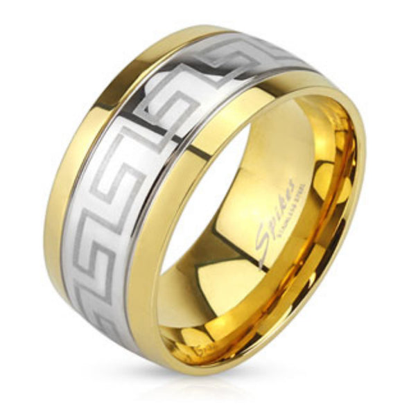 Maze Center Laser Etched Stainless Steel Band Ring with Gold IP Edges-WildKlass Jewelry